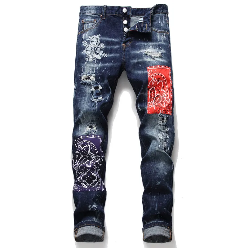 Único para hombre Insignia Negro Slim Fit Jeans Diseñador de moda Flaco Lavado Motocycle Pantalones de mezclilla Paneles Hip Hop Biker Pantalones 1062