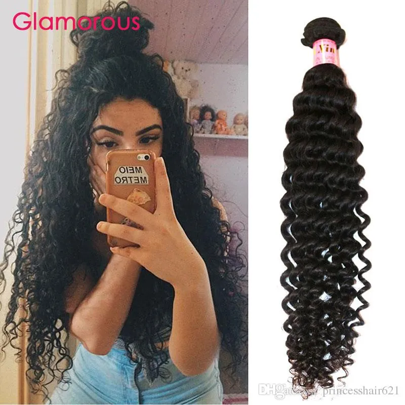 Glamorös Virgin Människa Hår 1 Bundlar Deep Wave Curly Brazilian Hair Weaves 8-34In Naturlig färg Peruvian Indian Curly Hair Extensions