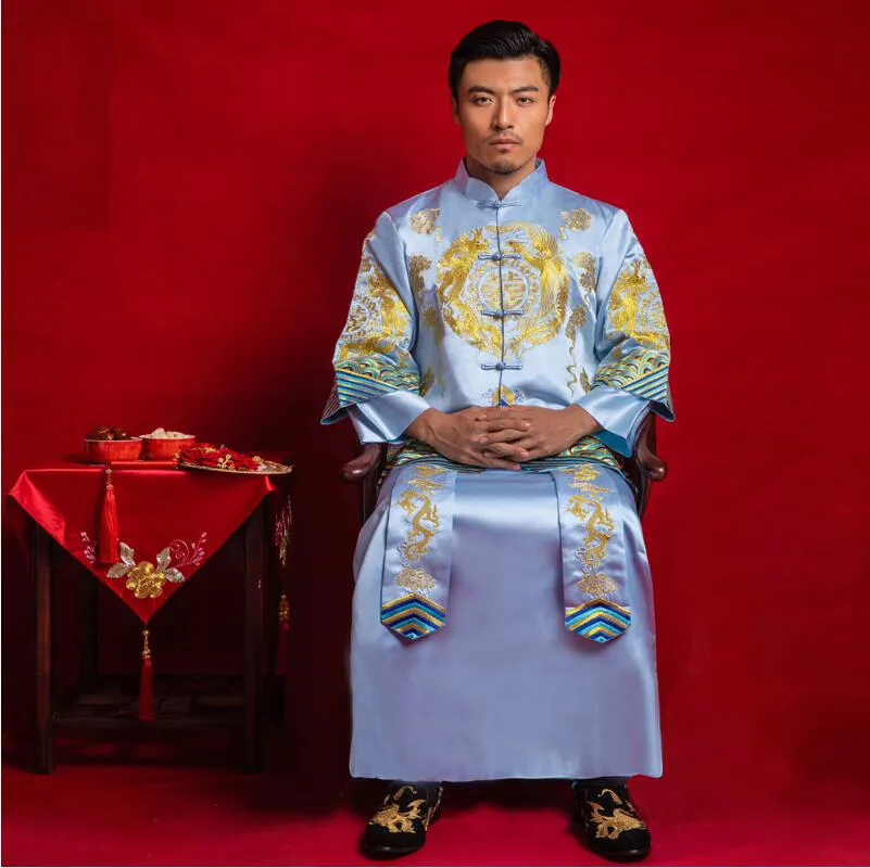 Homens antigos mostram traje azul marinho Noivo Wedding clássico Cheongsam Estilo chinês Longa Robe vestido Stage Desempenho brinde roupas