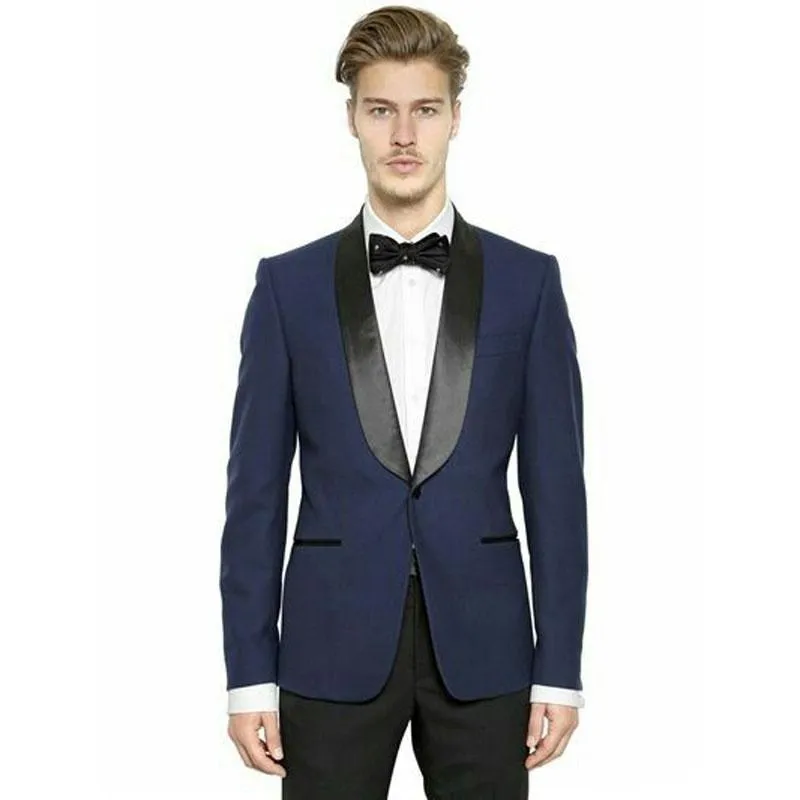 Classic One Button Navy Blue Groom Tuxedos Szal Lapel Garnitury 2 Sztuki Wedding / Prom / Dinner Blazer (Kurtka + Spodnie + Krawat) W907
