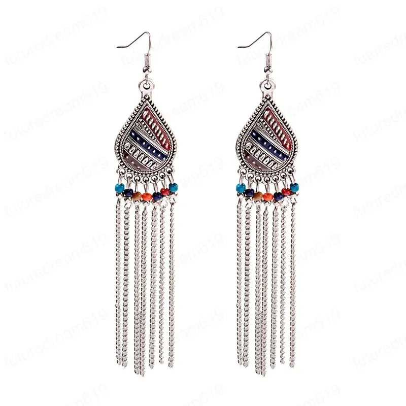 Pendientes colgantes con borlas de cadena larga India para mujer, joyería tibetana, cuentas de gota de agua bohemias, pendientes Jhumka Oorbellen