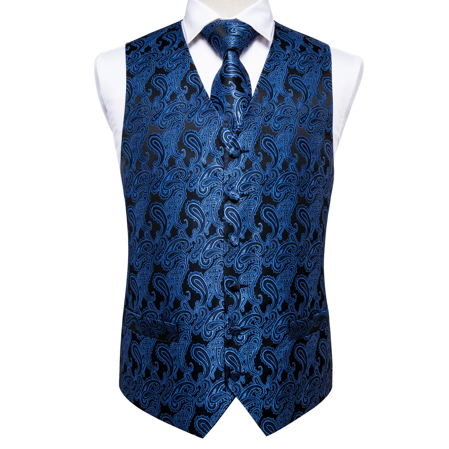 Fast Shipping Men's Classic Blue Paisley Silk Jacquard Waistcoat Vest Tie Pocket Square Cufflinks Set Fashion Party Wedding MJ-0010