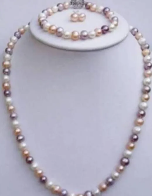 FREE SHIPPING New Fashion 7-8mm Multi Color Pearl Necklaces17" Bracelets7.5"Earrings Set