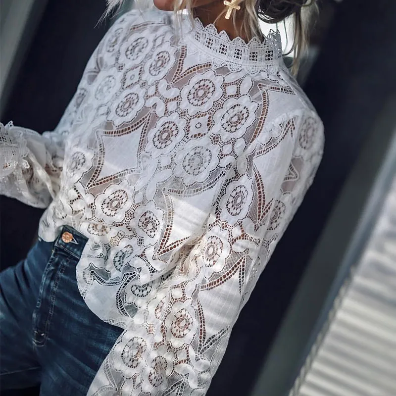 Dentelle Crochet évider blanc femmes chemises volants à manches longues Transparent col montant dames Blouses 2019 élégant hauts à la mode