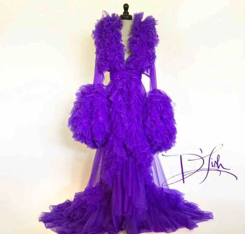 Purpurowy 2020 Kobiety Szata Z Długim Rękawem Sexy Nightgown Głębokie V Neck Ruffles Blisko Bathrobe Piżamy Nowy Prom Druhna Shawel