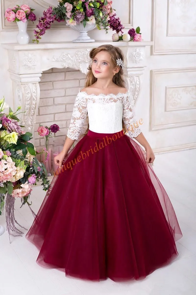 Off the Shoulder Flower Girls' Dresses Half Sleeves White Lace Burgundy Tulle A Line Princess Birthday Party Dress Girls' Formal Wear BC0168