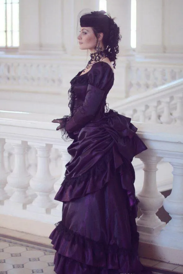 Victorian Gothic Purple Wedding Dresses Retro Royal House Ball Duchess Wedding Gowns Long Sleeves Lace Ruched Renaissance Aristocracy Dress