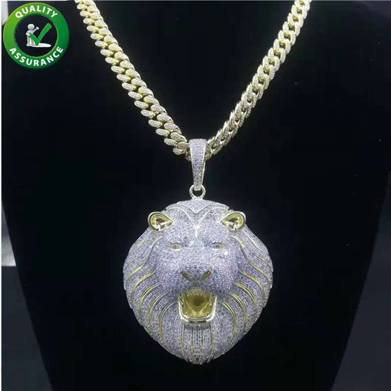 Real joyería de oro de 14k Hombres helados Out Big Lion Head Collant con cadena de enlace cubano Cadena Hip Hop Collar Rapper Accesorios de moda