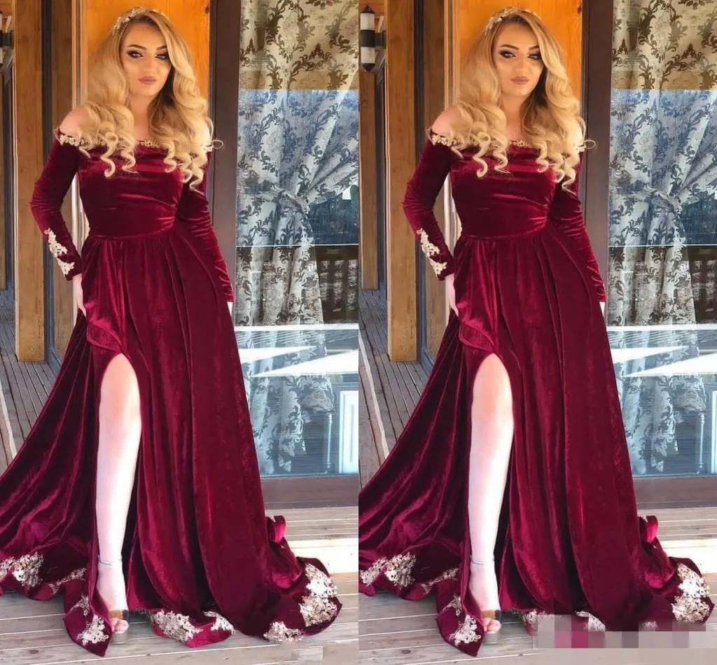 2019 Off Shouldled Bury Prom Dresses Veet Sexy Side Slit Lace Applique Long Sleeves Pageant Ball Gownイブニングフォーマルウェアプラスサイズ