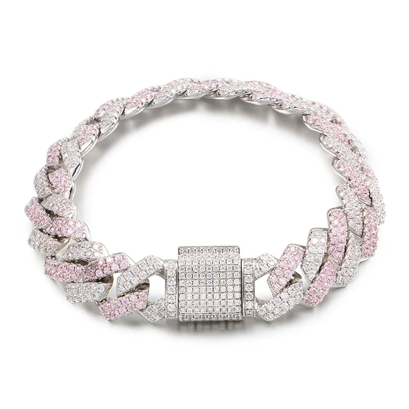 Catena a maglie moda argento rosa colore abbinato striscia di zirconi braccialetto cubano hip hop per uomini e donne