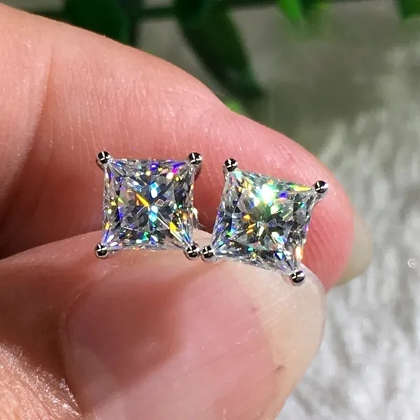 Fashion 18K White Gold Princess Cut Zircon White Diamond Stud Earrings