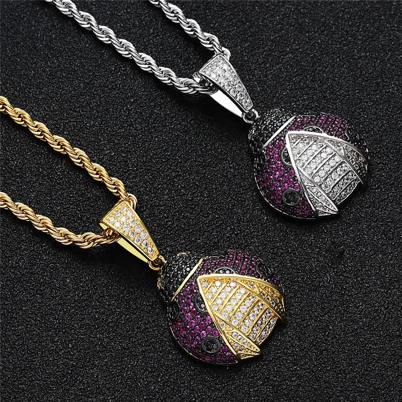 Iced Out Zirkon Schöne Käfer-Anhänger-Halskette mit Tenniskette, 18 Karat vergoldet, Herren-Hip-Hop-Schmuck, Geschenk