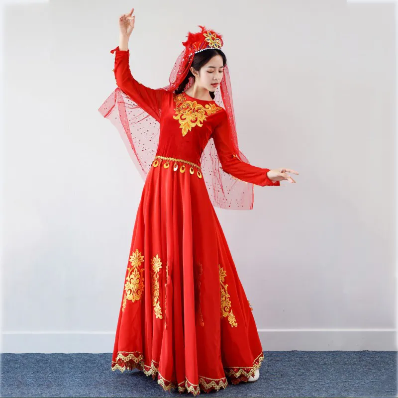 Classical Uygur Xinjiang dance long dress national folk dancing stage wear women dancer costume red festival performance clothing