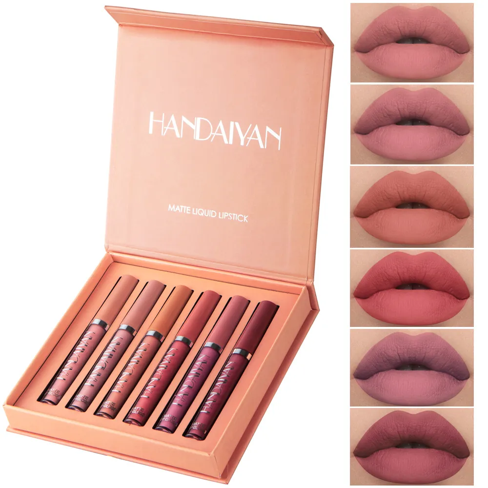 HANDAIYAN 6Pcs Matte Lipstick Define líquido Lip Tint Matte Velvet Hidratante Duradoura Non-stick Cup maquiagem beleza Lips Gloss