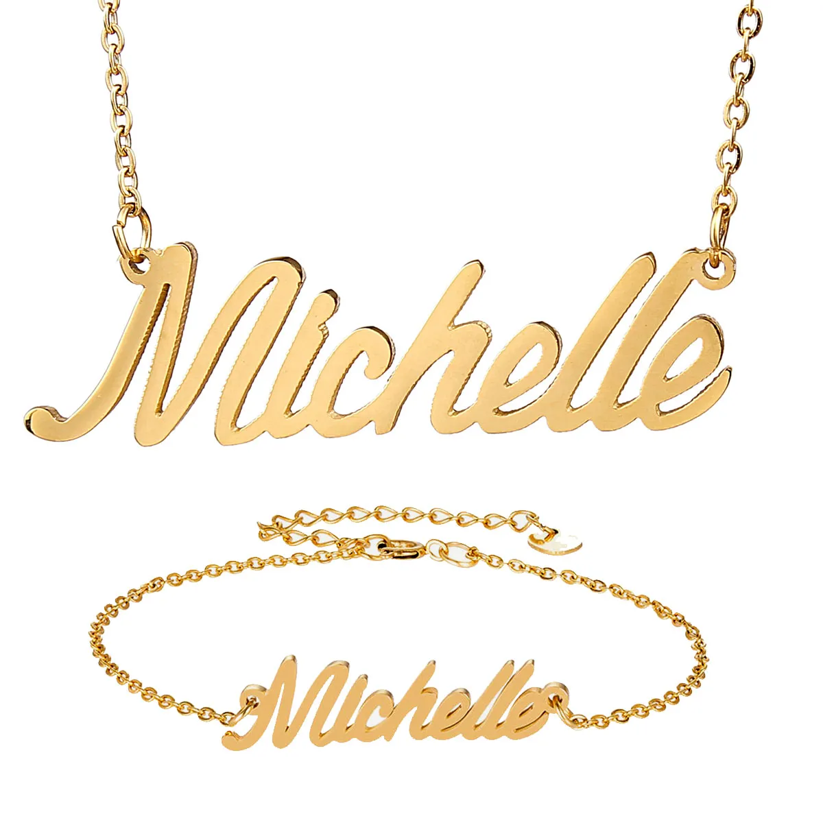 Fashion Stainless Steel Nameplate Necklace Bracelet Set Women Michelle