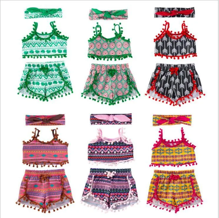 Bébé Fille Vêtements Enfants Été Gland Vêtements Ensembles Photo Crop Tops Shorts Bandeau Costumes Plage Bretelles Gilet Pantalon Bandeau Tenues C5871