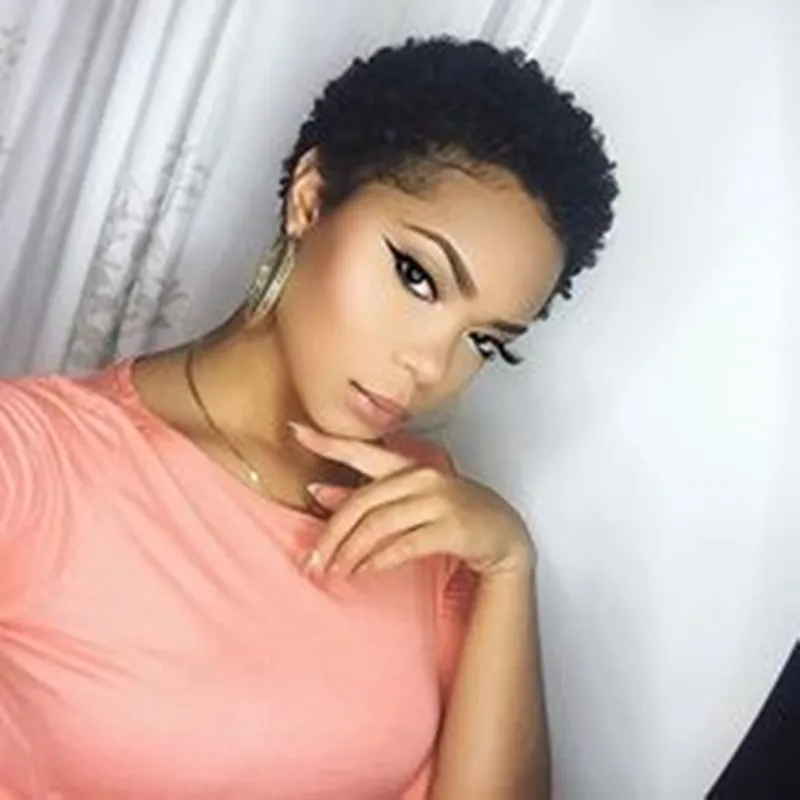 Short Afro Kinky Curly Human Wigs para Mulheres Máquinas Máquinas Feito Nenhum Peruca Frente de Laço