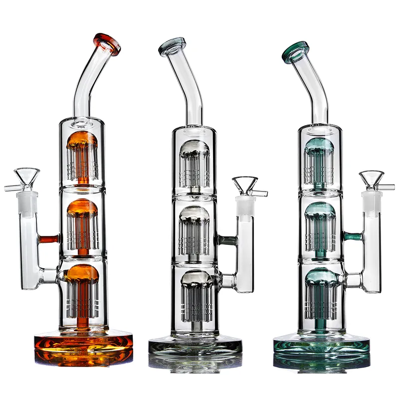 Färgglad tjockt basglas Bong Triple Arm Tree Hookah Bubbler Bongs Dab Rig Rökning Vattenrör 14mm Joint Oil Rigs