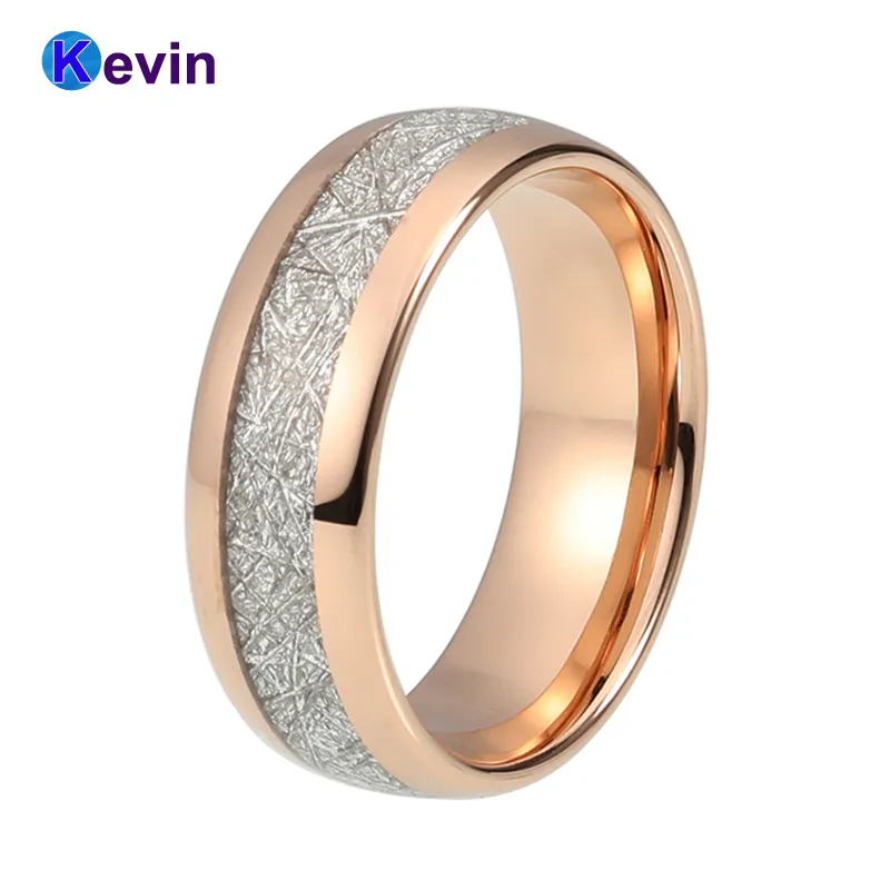 Rose Gold Womens Mens Wedding Band Tungsten Ring Dome Band White Meteorite Inlay J190716