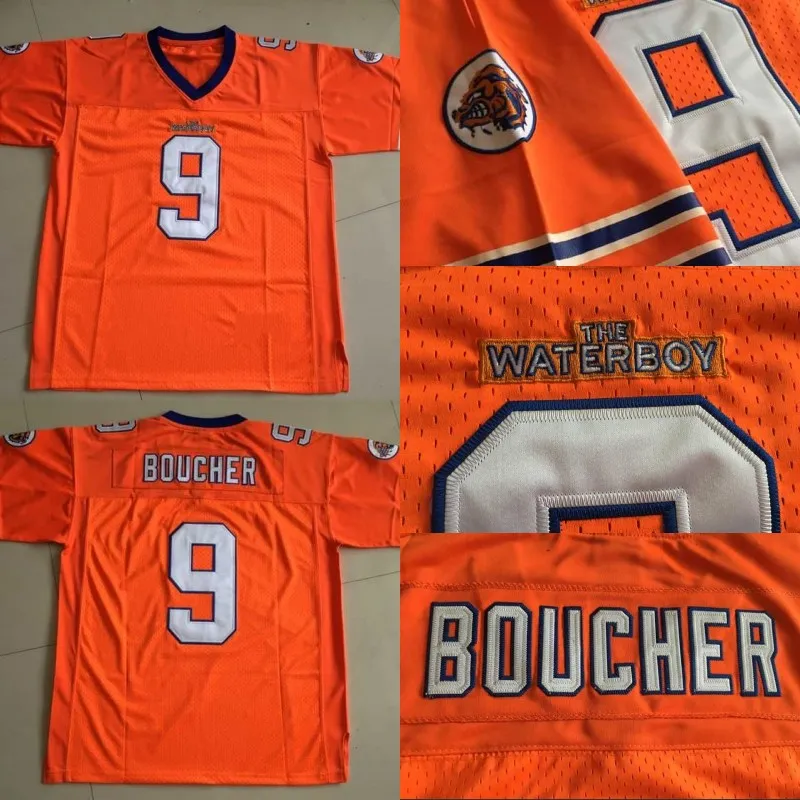 9 Bobby Boucher Le maillot de football Waterboy Adam Sandler Hommes # 9 Bobby Boucher Orange All Stitched Movie Jersey pour hommes