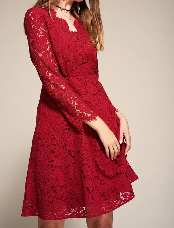 Save Big on Bulk Black Cocktail Dress With Lace Sexy Dark Red Lace Cocktail  Dress Three Quarter Sleeves Zipper Back Lace Party Dress | Best Deals on ...