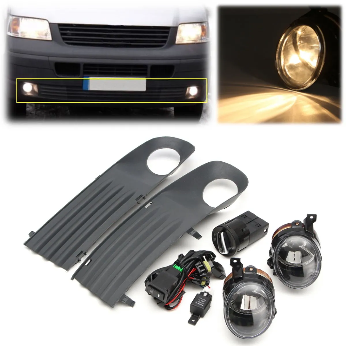 Freeshipping 55W Voor Links Right Foglight Grille Kit Set W / bedrading Koplamp Schakelaar voor VW T5 Transporter 2003-2010