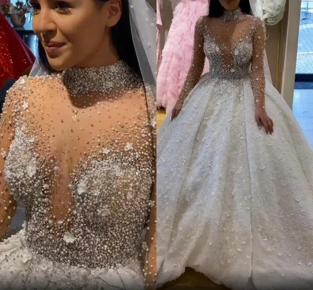 2020 Plus Size Arabic Aso Ebi Luxurious Sparkly Ball Gown Wedding Dresses Crystals Beaded High Neck Bridal Dresses Sexy Wedding Gowns AL6185