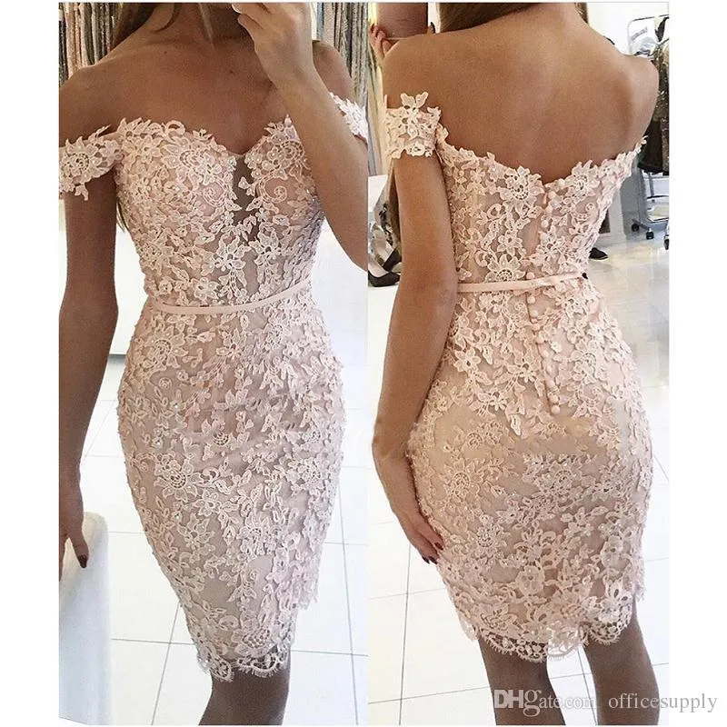 Sexy korte schede formele cocktail prom jurk elegant off the shoulder blozen roze kanten knoppen homecoming jurk vestidos de novia