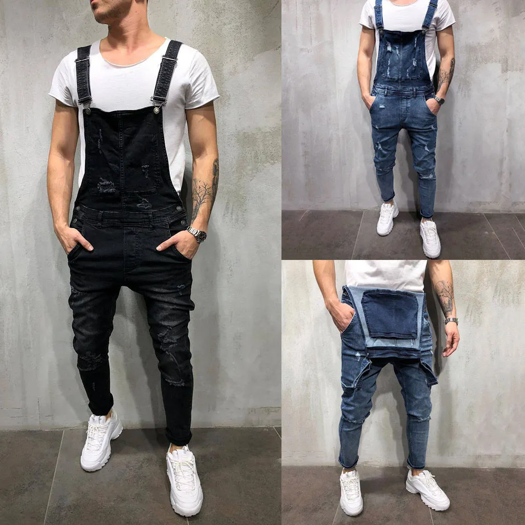 DropShip KLV Tuta da uomo casual complessiva Jeans Lavare Pantaloni con tasche rotte Pantaloni con bretelle Pantaloni a matita medi a figura intera