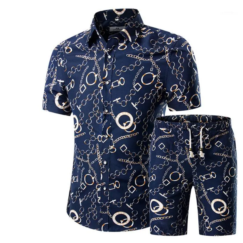 Hommes Chemises + Shorts Ensemble Nouvel Été Casual Imprimé Chemise Hawaïenne Homme Court Mâle Impression Robe Costume Ensembles Plus Taille1