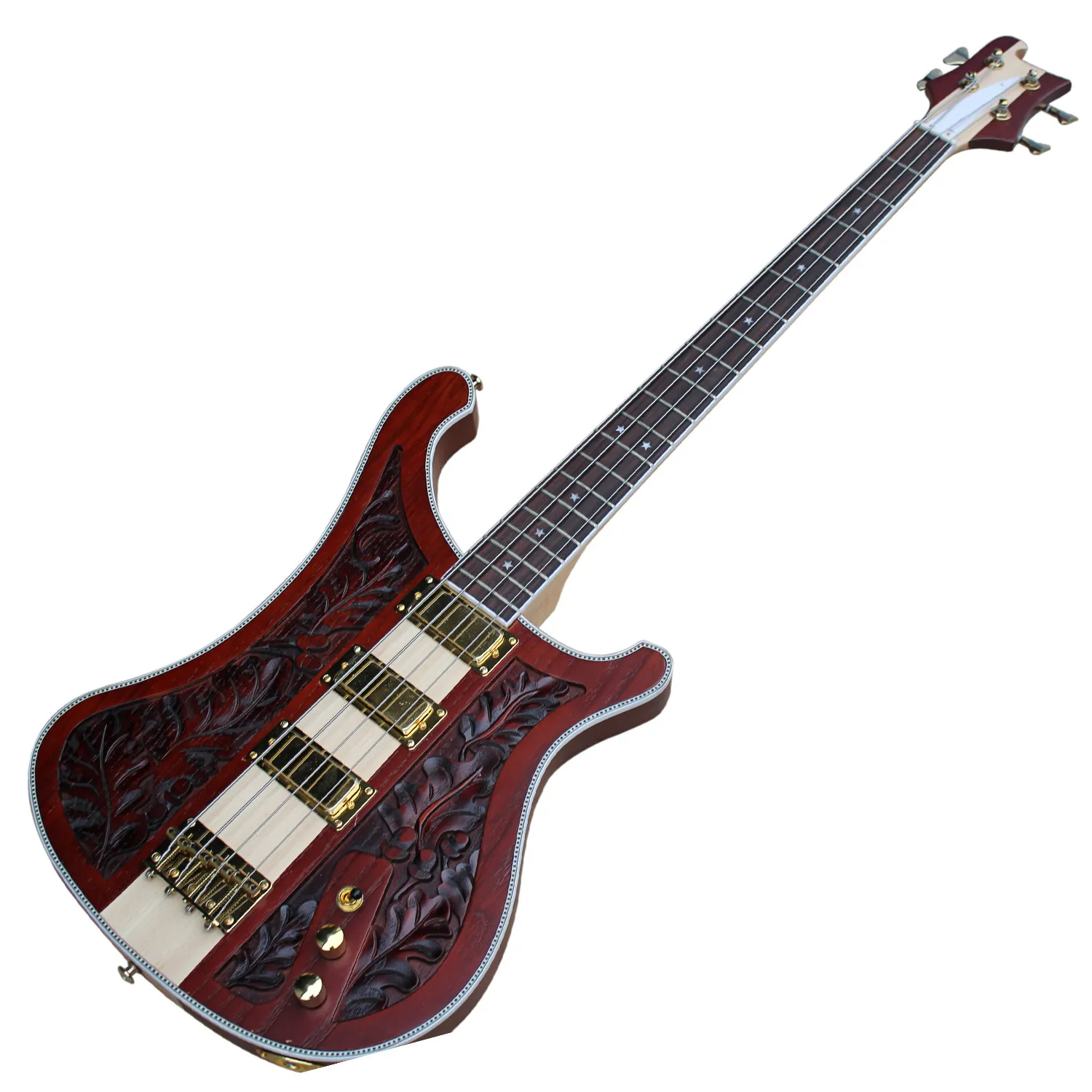 CNC гравировальный шаблон шеи-корпус красный электрический бас-гитара с 3 пикап, золотое оборудование, может быть настроено