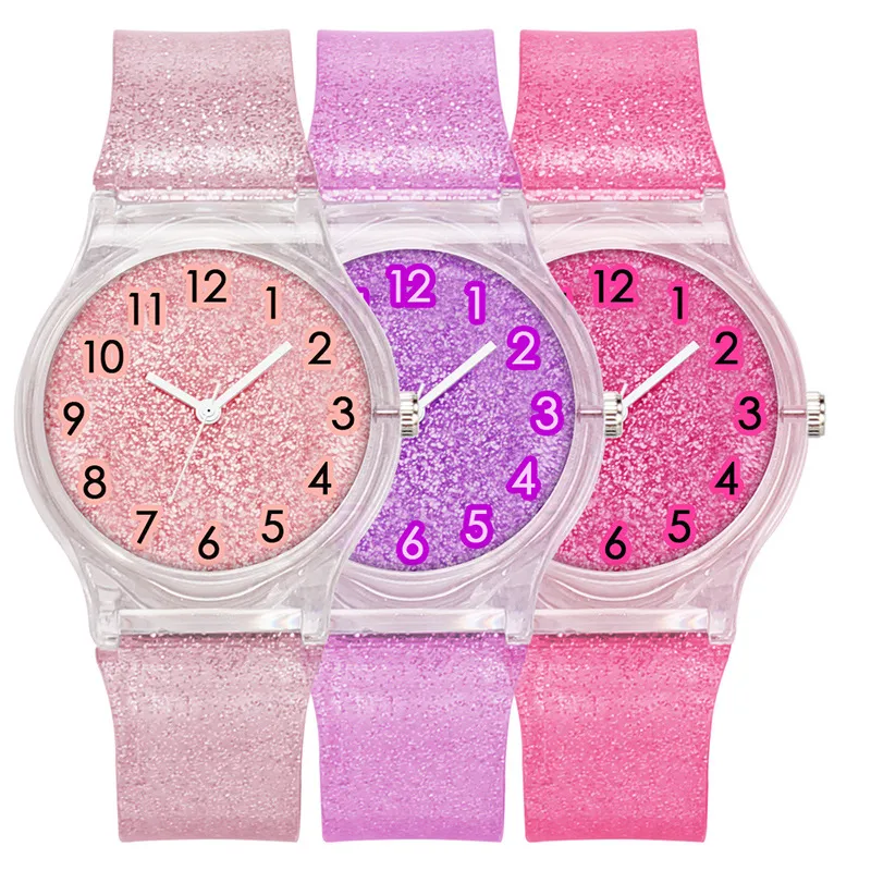 2019 orologio da donna con cinturino in plastica glitter trasparente, orologio di tendenza alla moda, cinturino morbido, orologi al quarzo casual per il tempo libero