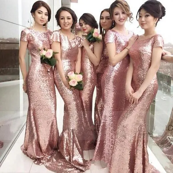 2020 moda rosa lantejoulas rosa damas de honra vestidos bainha longa manga curta scoop dama de honra dama de honra casamento vestido festa noite