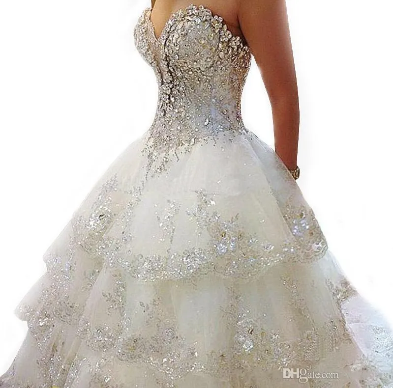 Strand lyxiga bröllopsklänningar Rhinestone Crystal Beading Sweetheart Tiered Long Train Ball Ball Gowns Bridal Wedding Gästklänningsklänningar HY4171