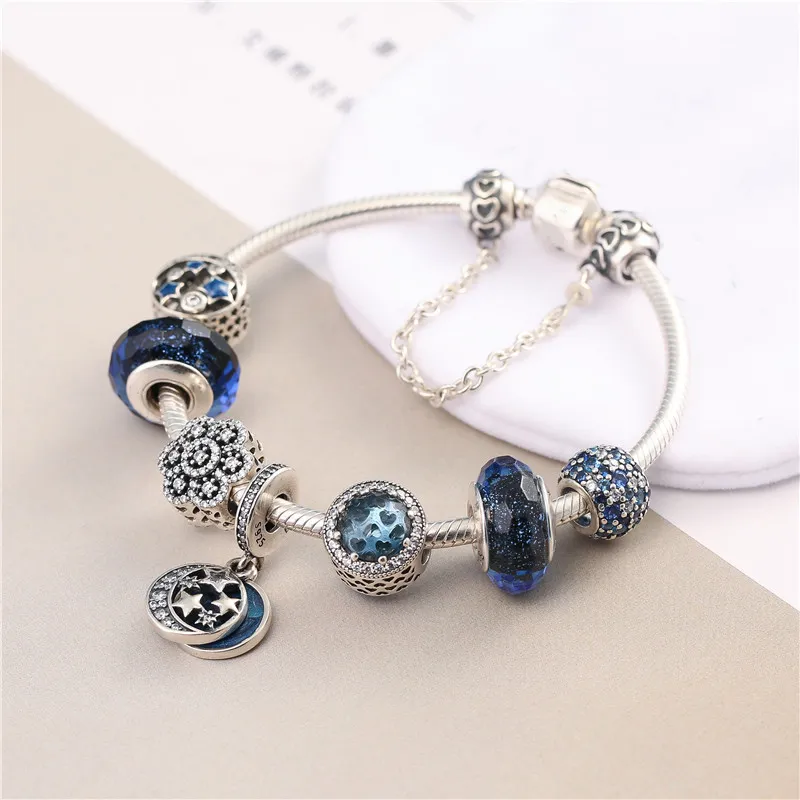 925 Sterling Silver Beads Fit Original Pandora Charm Bracelet Sea Blue Zircon Stars Snowflake silver 925 Fashion Jewelry