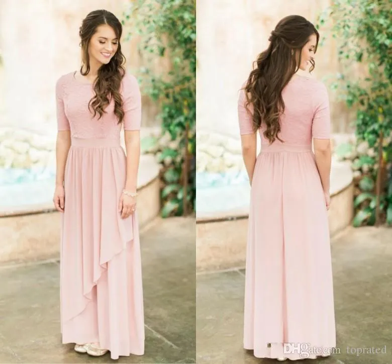 Elegante modesto rosa dusty longa dama de honra vestidos com meia mangas rendas chiffon uma linha casamento casamento damas de honra vestidos boho manga feita sob encomenda