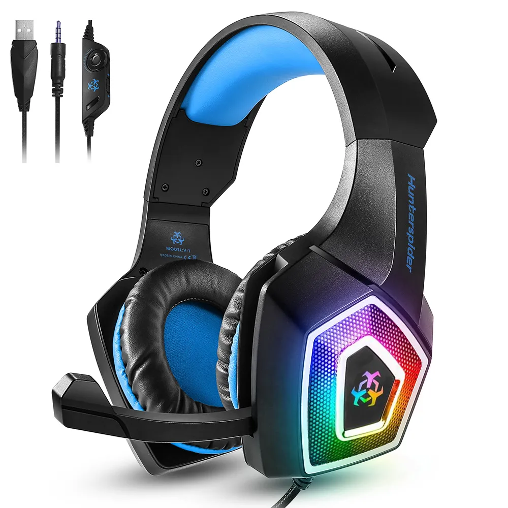 Lysande Färgglada V1 Gaming Headset Over Ear Headphones Wired Control med MIC LED Light Casque Gamer Headset för PC PS4 Xbox One Gamer