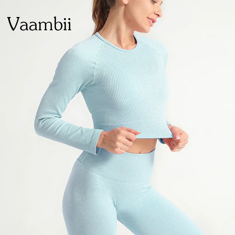 Ribbed Farbic Crop Top Workout Flexible Four-way Knit Yoga Tops Seamless Athletic Women Long Sleeve Sports Tops Gym