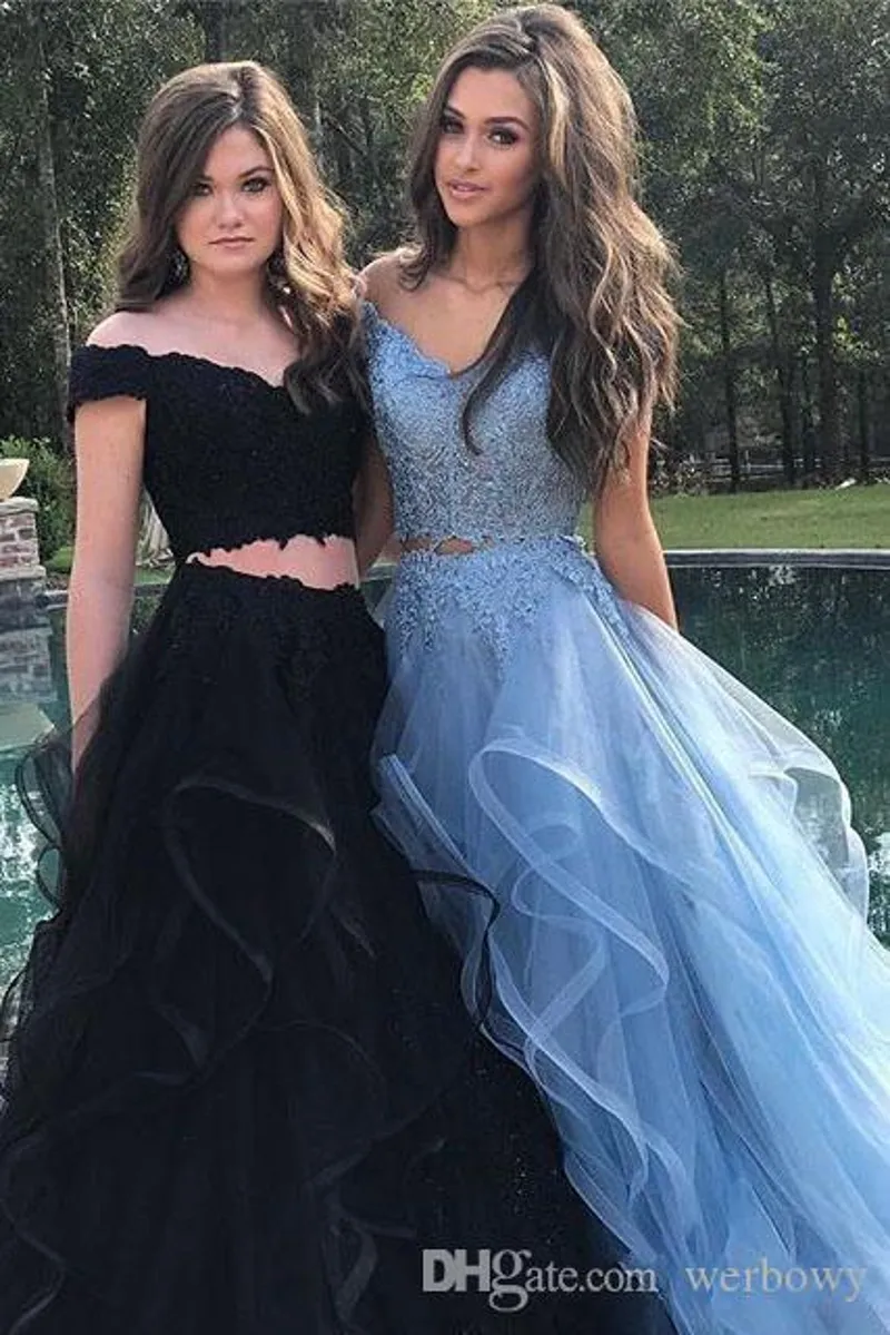 Two Piece Black White Prom Dresses qatar 2024 Off- Shoulder Top Lace Floor Length Evening Gowns Tiered Vintage Arabic Real Holiday Party Gowns