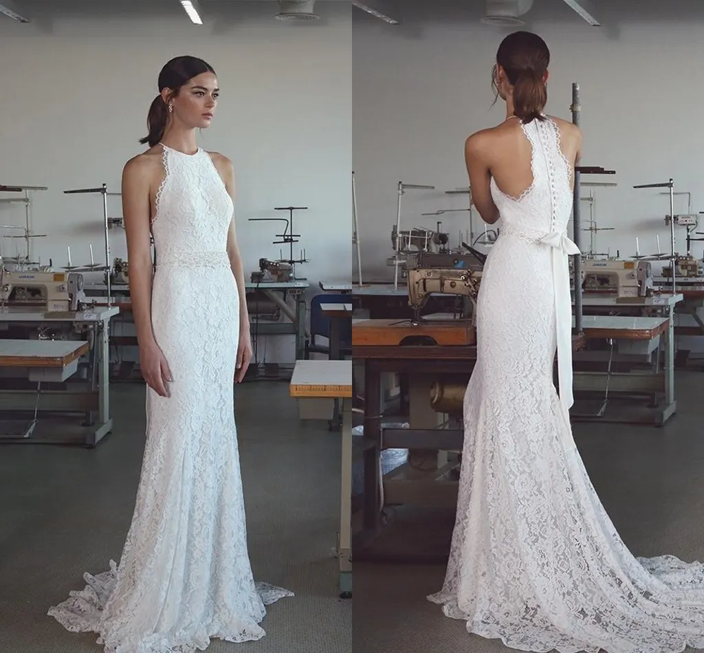 slim fit dress slacks Halter Neck Mermaid Wedding Dress Backless Lace Wedding Gown with Sweet Train AWD1837