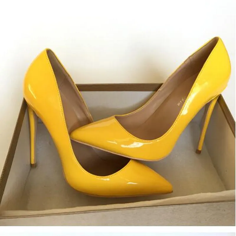 Womens High Heels Shiny Patent Leather Pointy Toe Pumps Wedding Shoes Party  - YELLOW- US 12.5 - Invastor