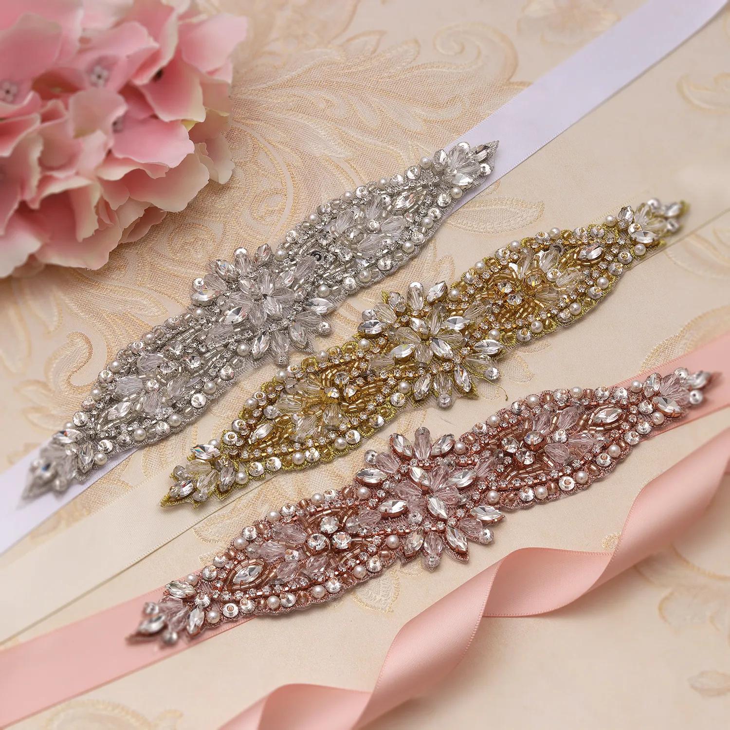 MissRdress Silver Crystal Wedding Belt Sashes Jewelled Pearls Rhinestones Bridal Belt Sashes for Wedding Dresses YS8905003058