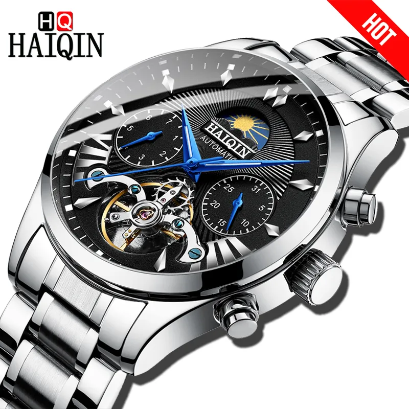 Haiqin Mens / mens relógios top marca de luxo mecânicos homens relógio do esporte relógio de pulso mens reloj hombre turbilhão Set Estilo Couro