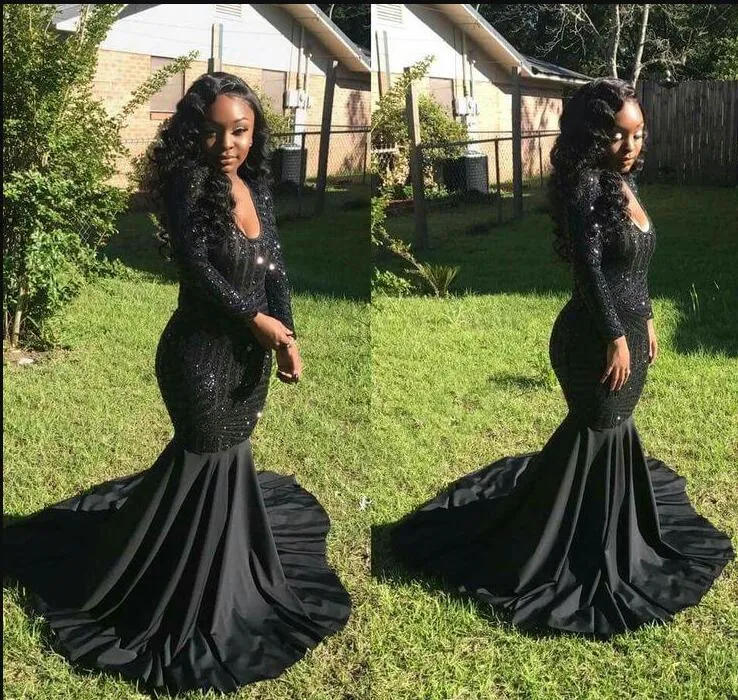 Afrikanische glitzernde Pailletten Langarm-Abschlussballkleider 2018 New Scoop Neck Long Illusion Chiffon Black Girl Mermaid Abendkleid Partykleider