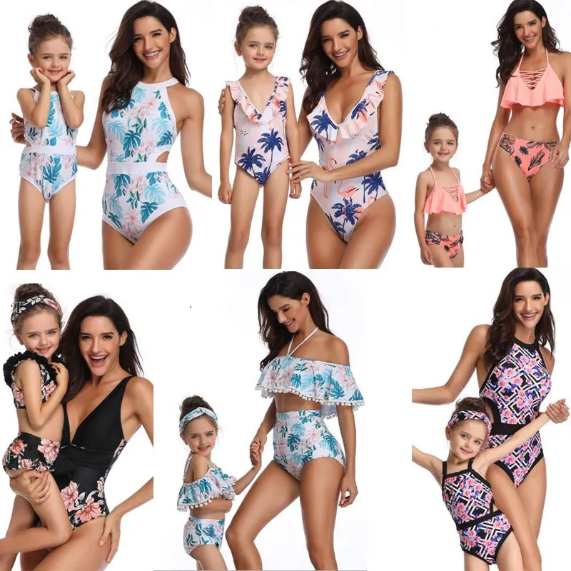 39 stilar Mode Hot Selling Mother Dotter Badkläder Bikini Outfits Badkläder Strand Kvinnor Tjej Ruffles Flower Plaid Print Bikini Sets