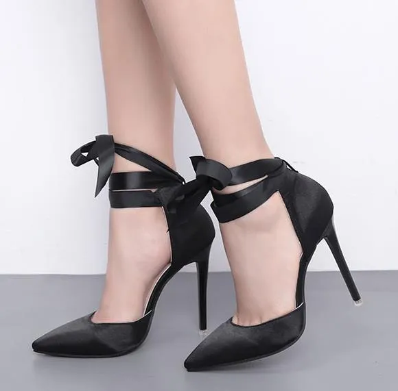 Hot Sale-Sweet bowtie ankle wrap satin shoes pointed high heels beige pink black size 35 to 40