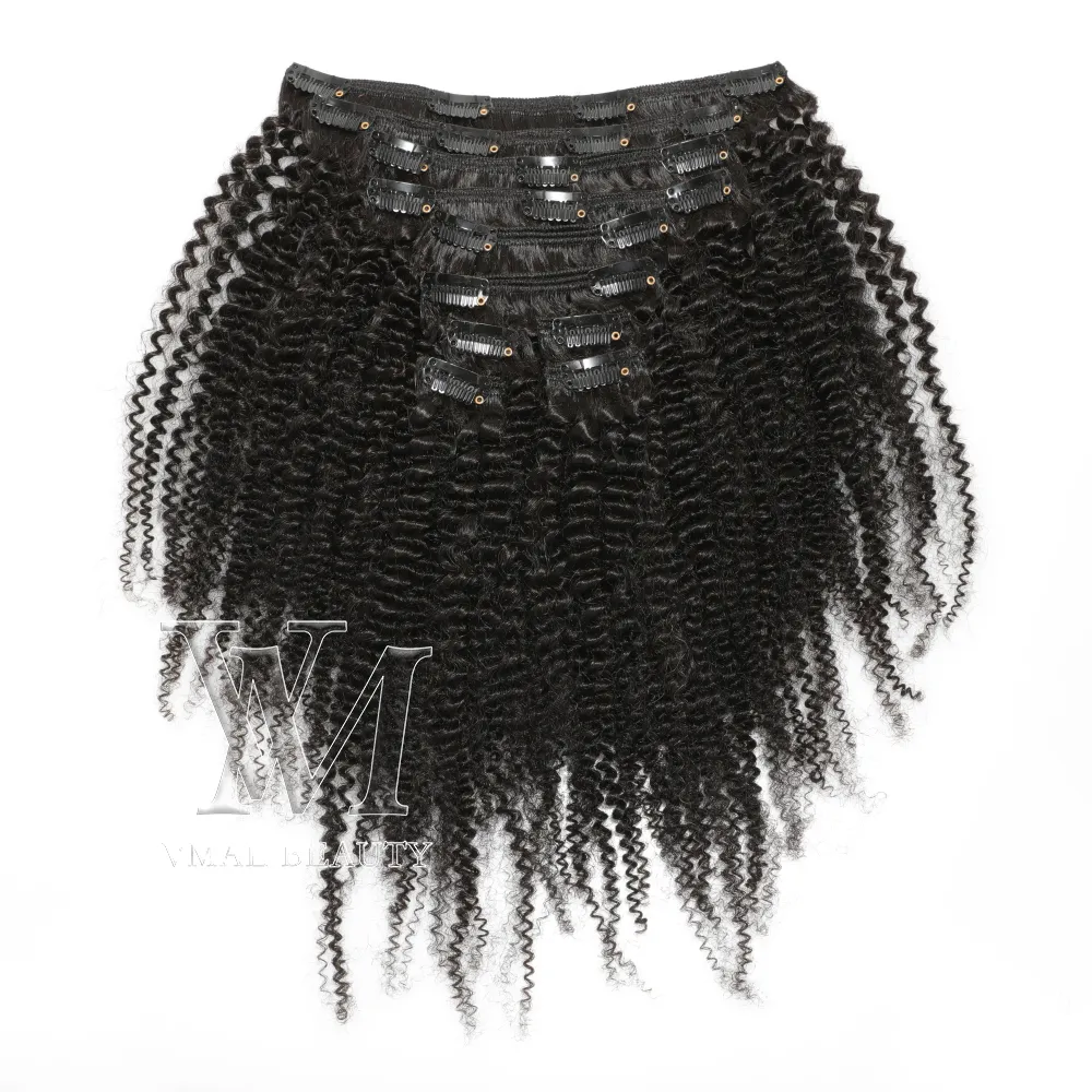 VMAE mongolische brasilianische 100 % unverarbeitete reine menschliche Clip-Ins Afro Kinky Curly 4A 120 g–160 g natürliche Farbe Clip-In-Haarverlängerungen