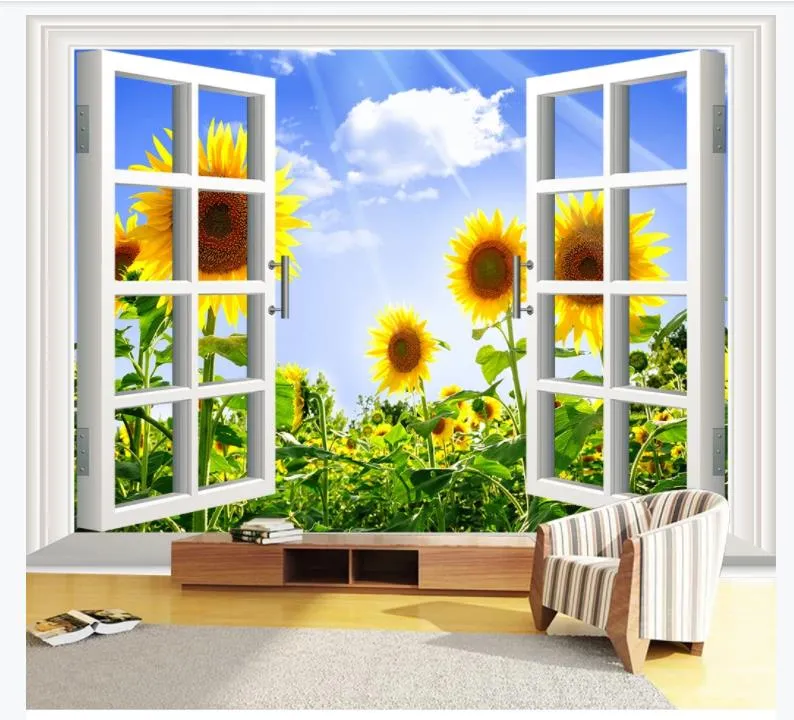 Individuelle Fototapete 3D Wandtapete für Wohnzimmer Landschaft Blume Sonnenblume Wandhintergrundwand außerhalb des Fensters