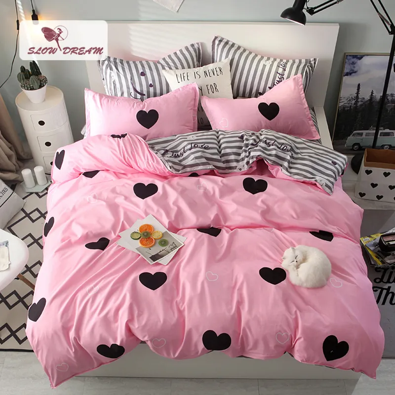 SlowDream Home Bedding 3/4PCS Love Heart Girl Bedding Set Flat Sheet King Size Bedclothes Pillowcase&Duvet Cover Bed Linen Set