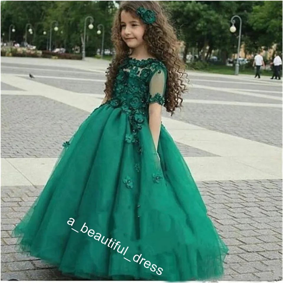 Cute Emerald Green Girls Pageant Gowns Sheer Short Sleeves Princess Ball Gown Kids Formal Dresses Wear Flower Girl Dresses forWedding FG1285